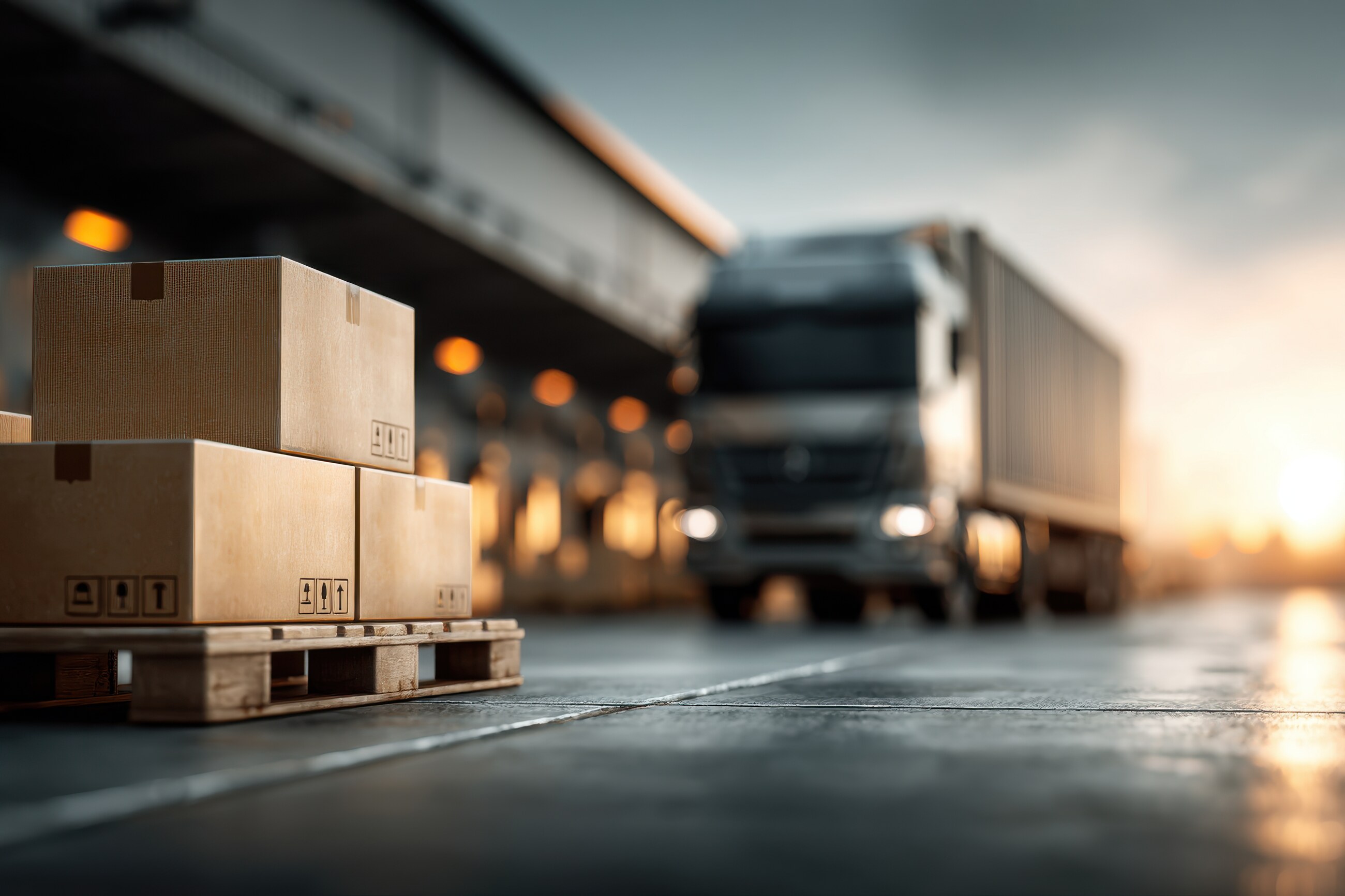 Palettes de cartons au premier plan et poids lourd à l'arrière-plan sur une plateforme