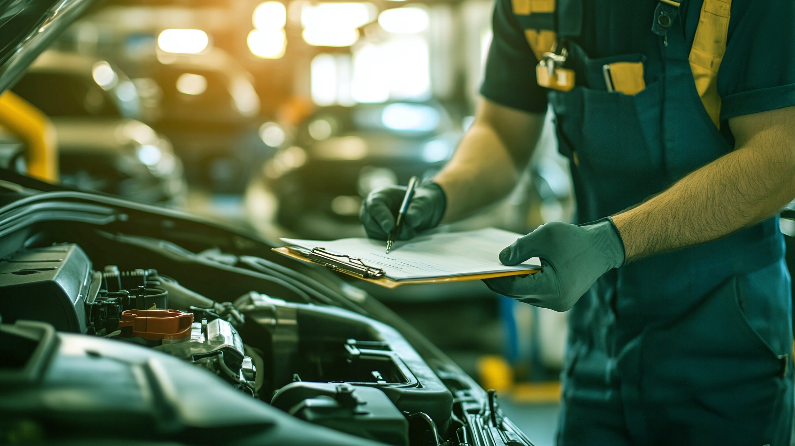 Technicien en atelier notant un contrôle au-dessus d'un moteur ouvert