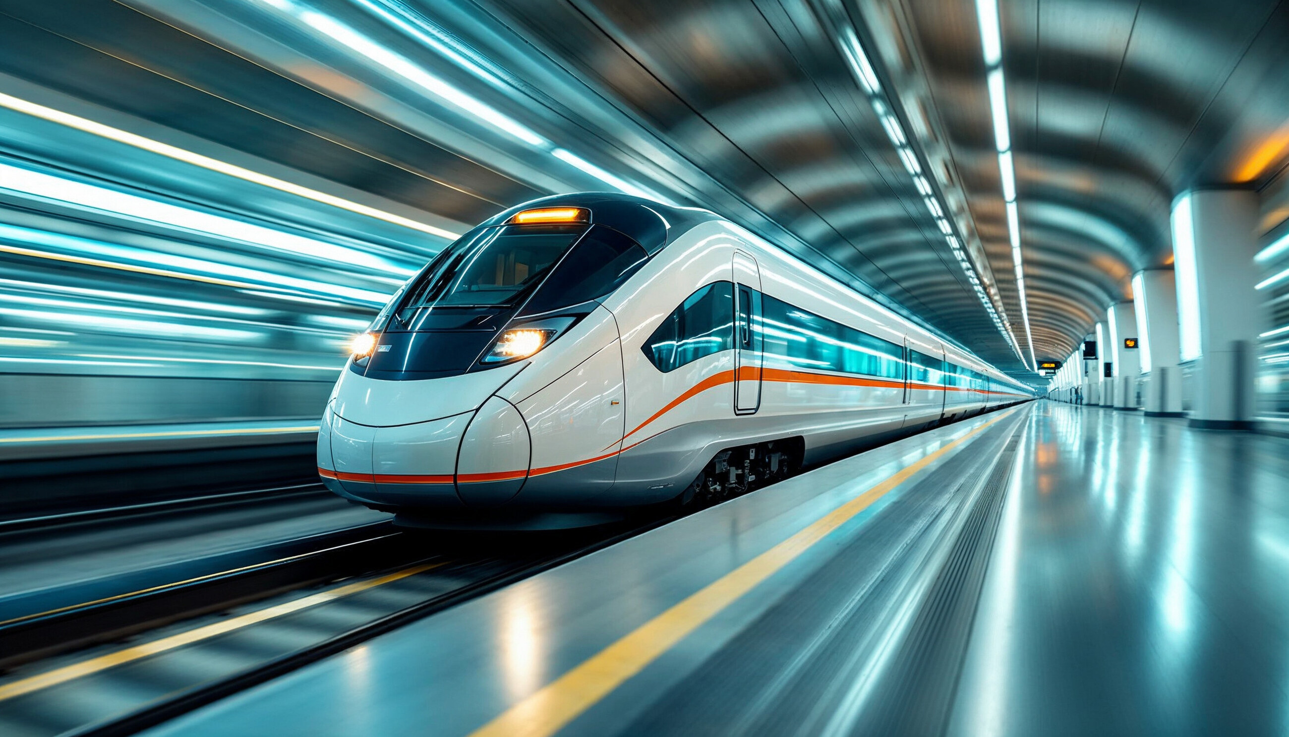 Train à grande vitesse blanc lancé dans un tunnel aux parois éclairées