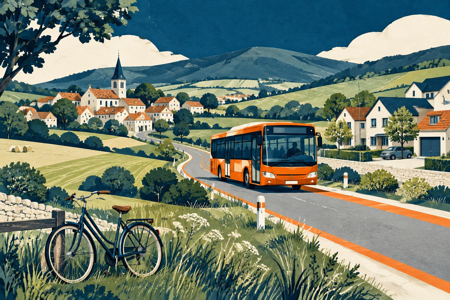 Illustration éditoriale : bus et vélo dans les territoires ruraux et périurbains